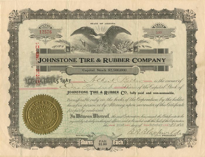 Johnstone Tire and Rubber Co. - Stock Certificate